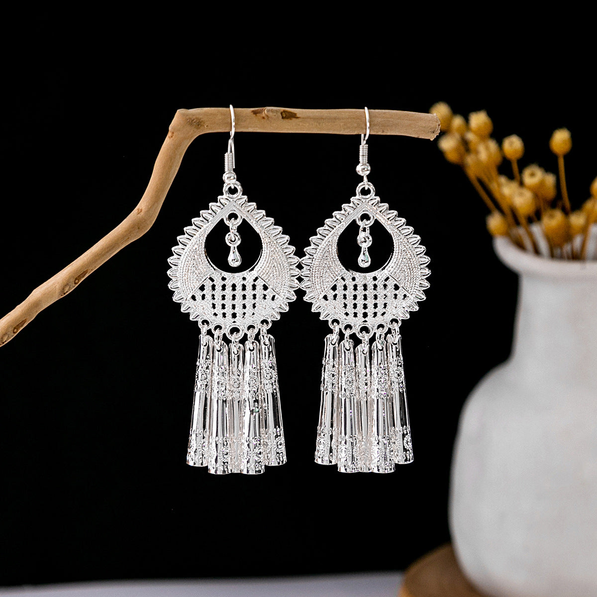 Sier Minority Ethnic Style Personalized Bohemian Flower Earrings