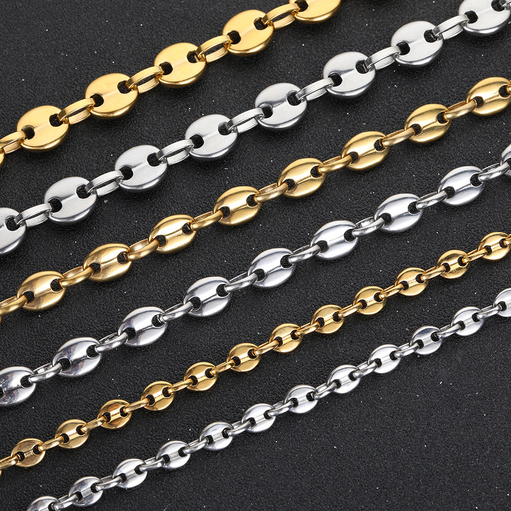 Men's Coffee Bean Hip Hop Gold Titanium Steel Lobster Buckle Stainless Jewelry Set