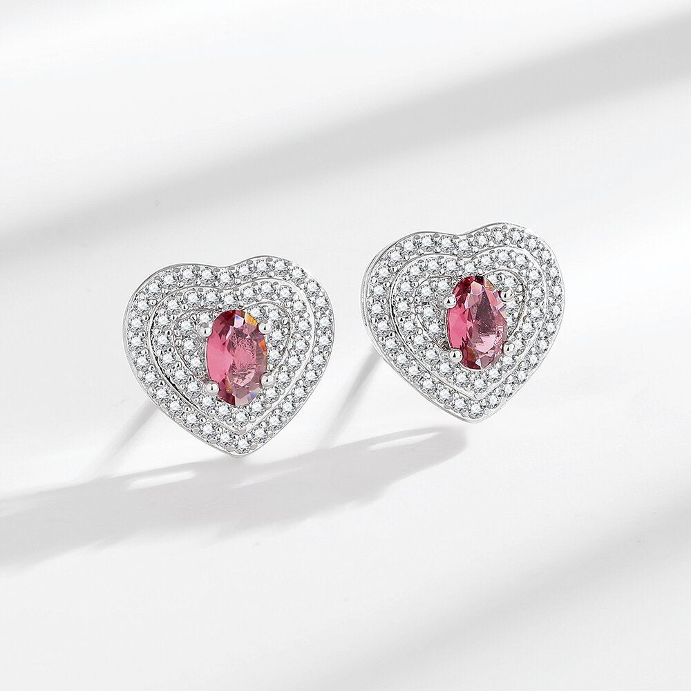 Imitation Ruby Love Sier Plated Pin Earrings