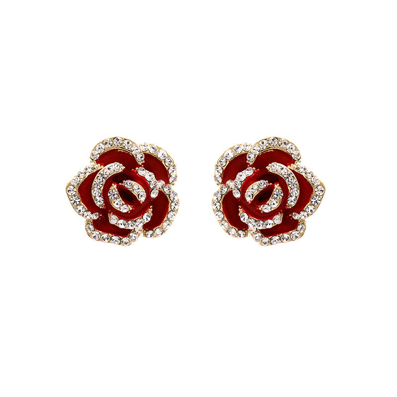 Women's Red Rose Simple Rhinestone High-grade Vintage Earrings