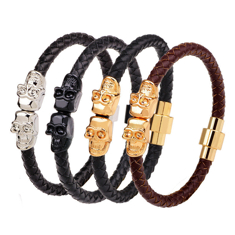 Men's Woven Leather Skull Alloy Trendy Bracelet