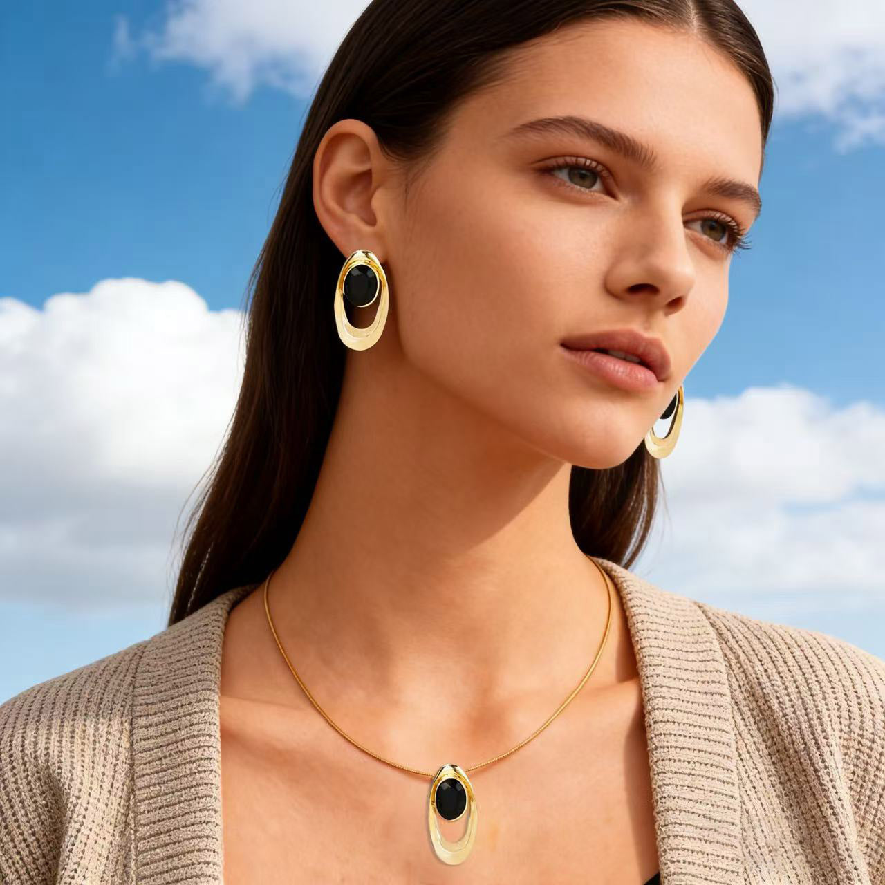 Creative Simple Oval Geometric Black Gold Earrings