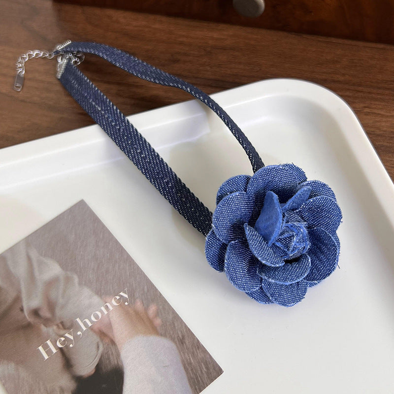 Retro Elegant Three-dimensional Denim Blue Flower Necklaces