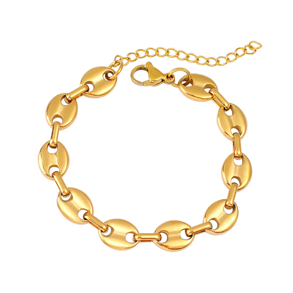Women's & Men's Hip Hop Coffee Beans Gold Titanium Steel Pig Jewelry Set