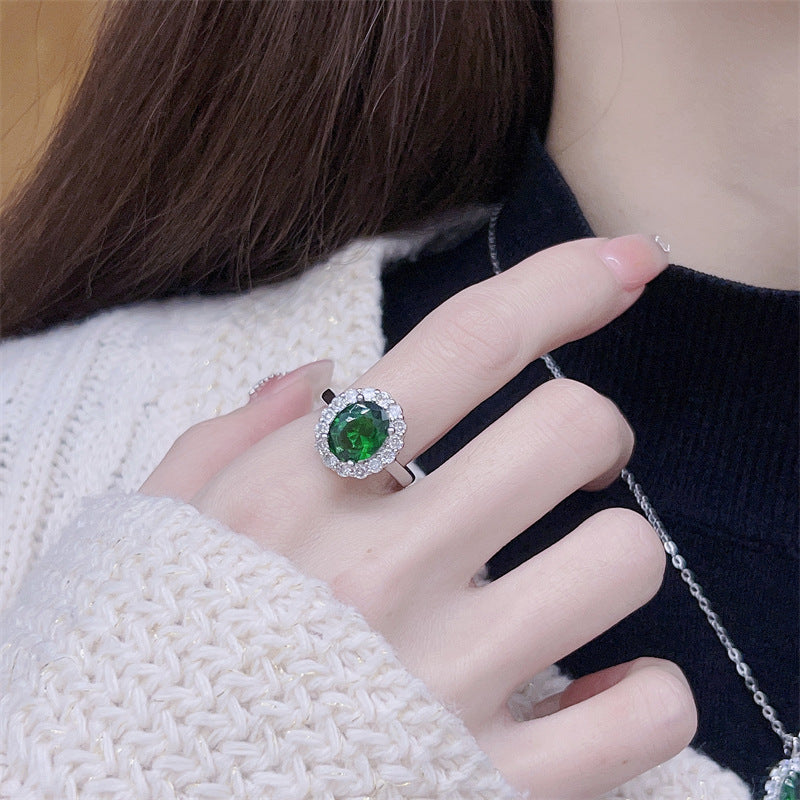 Women's Clavicle Emerald Chain Sterling Sier Gemstone Inlaid Zircon Jewelry Set