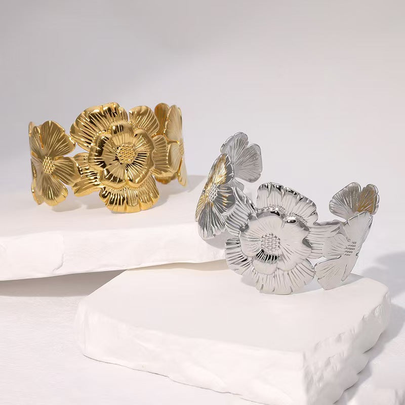 Retro With Opening Metal Exaggerated Design Flower Stainless Steel Bracelets