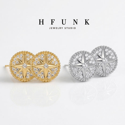 Awn Star Geometric Round Compass Finely Inlaid Sier Needle Fashionable Stud Earrings