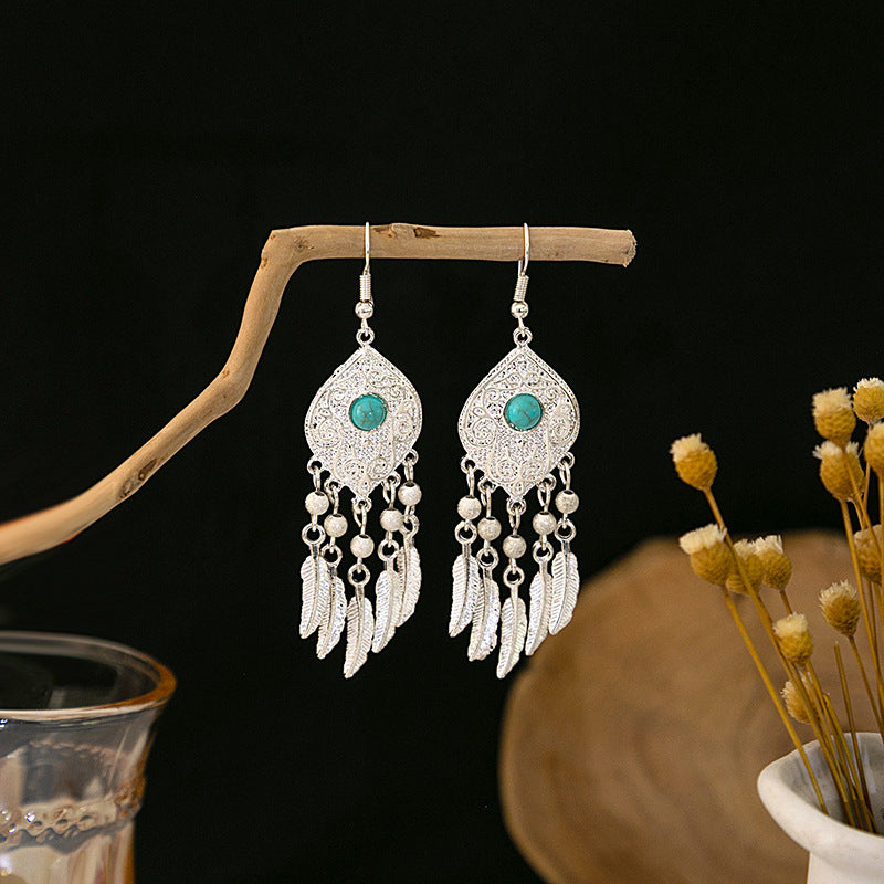 Ethnic Style Imitation Miao Sier Colorful Long Feather Tassel Earrings