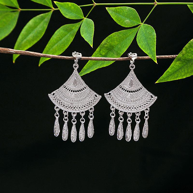 Women's Ethnic Geometric Tassel Ear Clip Miao Sier Retro Elegant Earrings