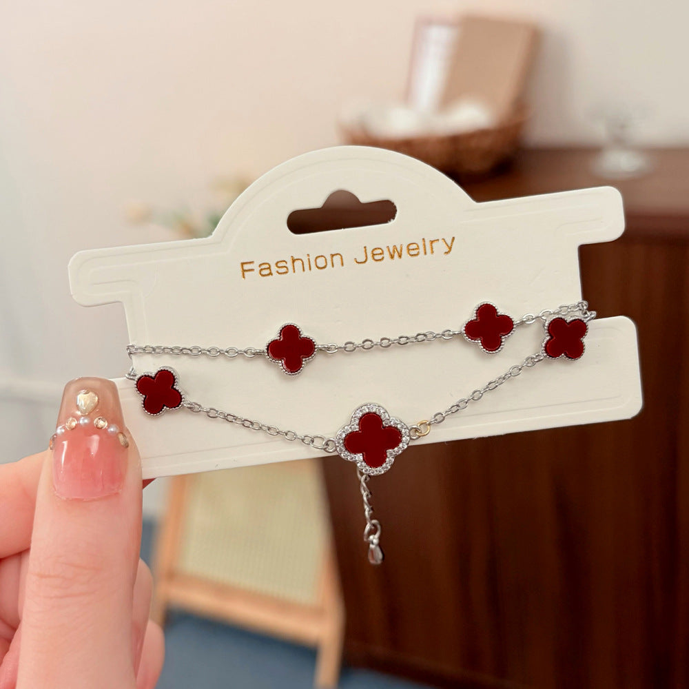 Style Light Luxury High-grade Versatile Micro Inlaid Zircon Four-leaf Flower Bracelets