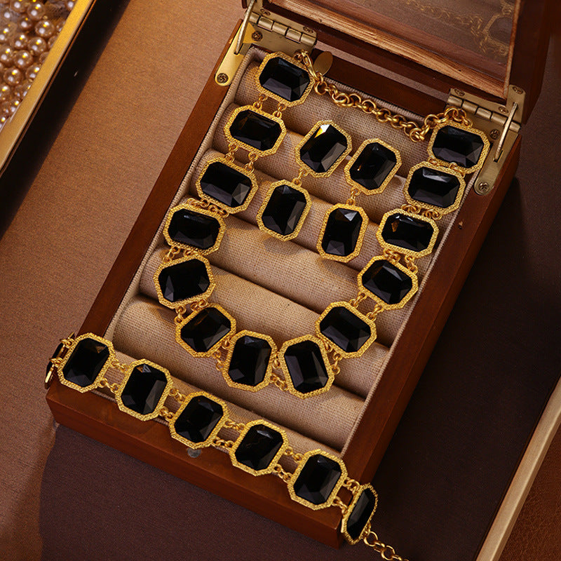 Black Agate Geometric Gem Retro Exaggerated Jewelry Set