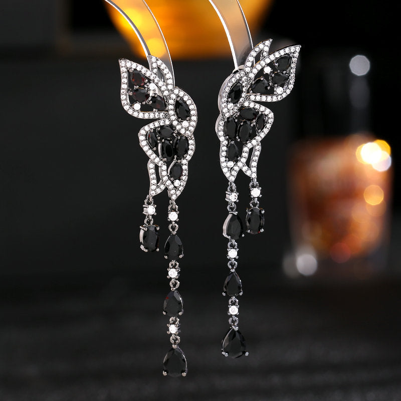 Sier Needle Color Zircon Inlaid Double Flying Long Modified Earrings