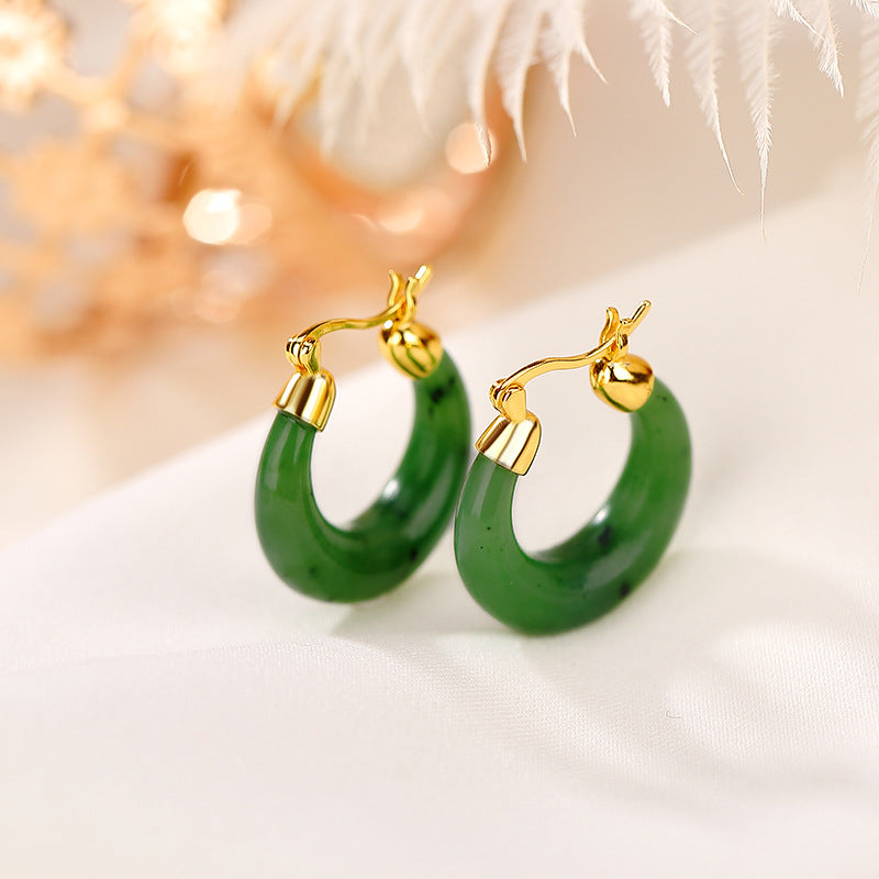 Sier Boucles d'oreilles coudées en forme de lune plaquées or sterling vert jade