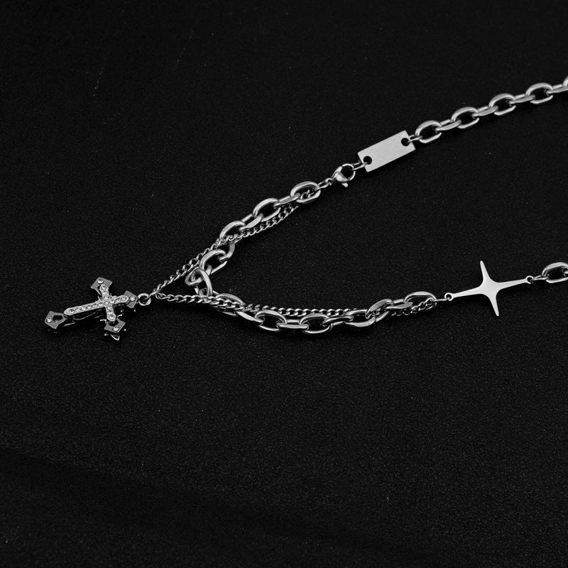 Personality Trendy Diamond Cross Pendant Titanium Steel Hip Hop Necklaces