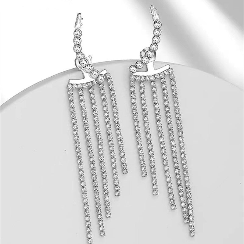 Fashion Tassel Rhinestone Personality Metal Design Earrings