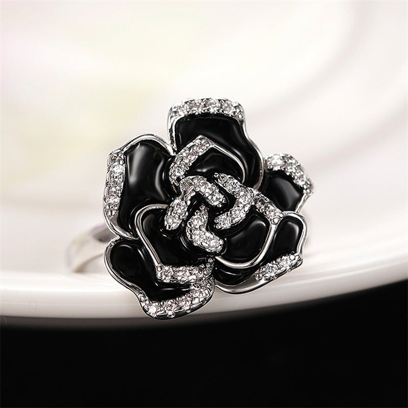 Bagues élégantes rétro en émail et Zircon pour femmes, uniques, fleur de Rose noire