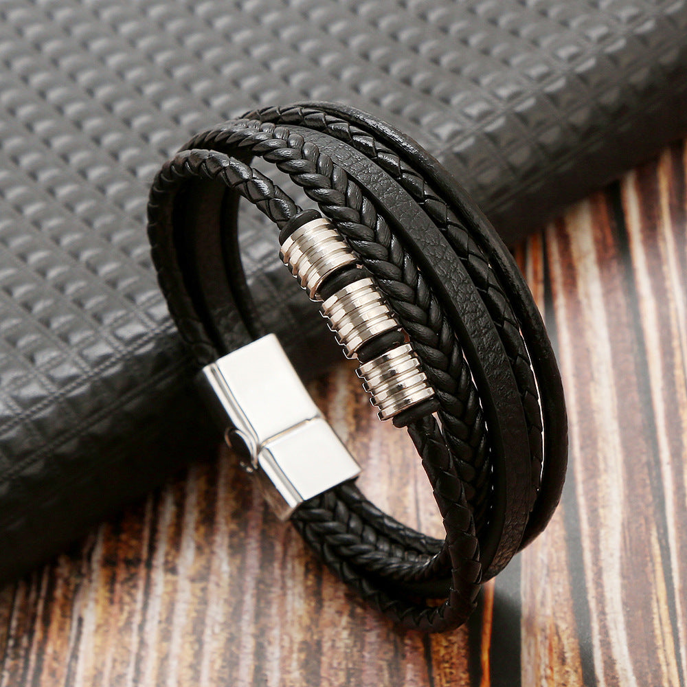 Men's Stainless Steel Woven Leather Magnetic Buckle Bracelets