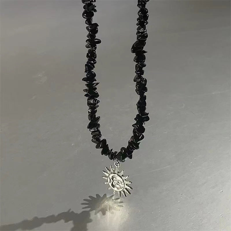 Women's Sunflower Design Black Gravel Sweater Chain Tide Necklaces