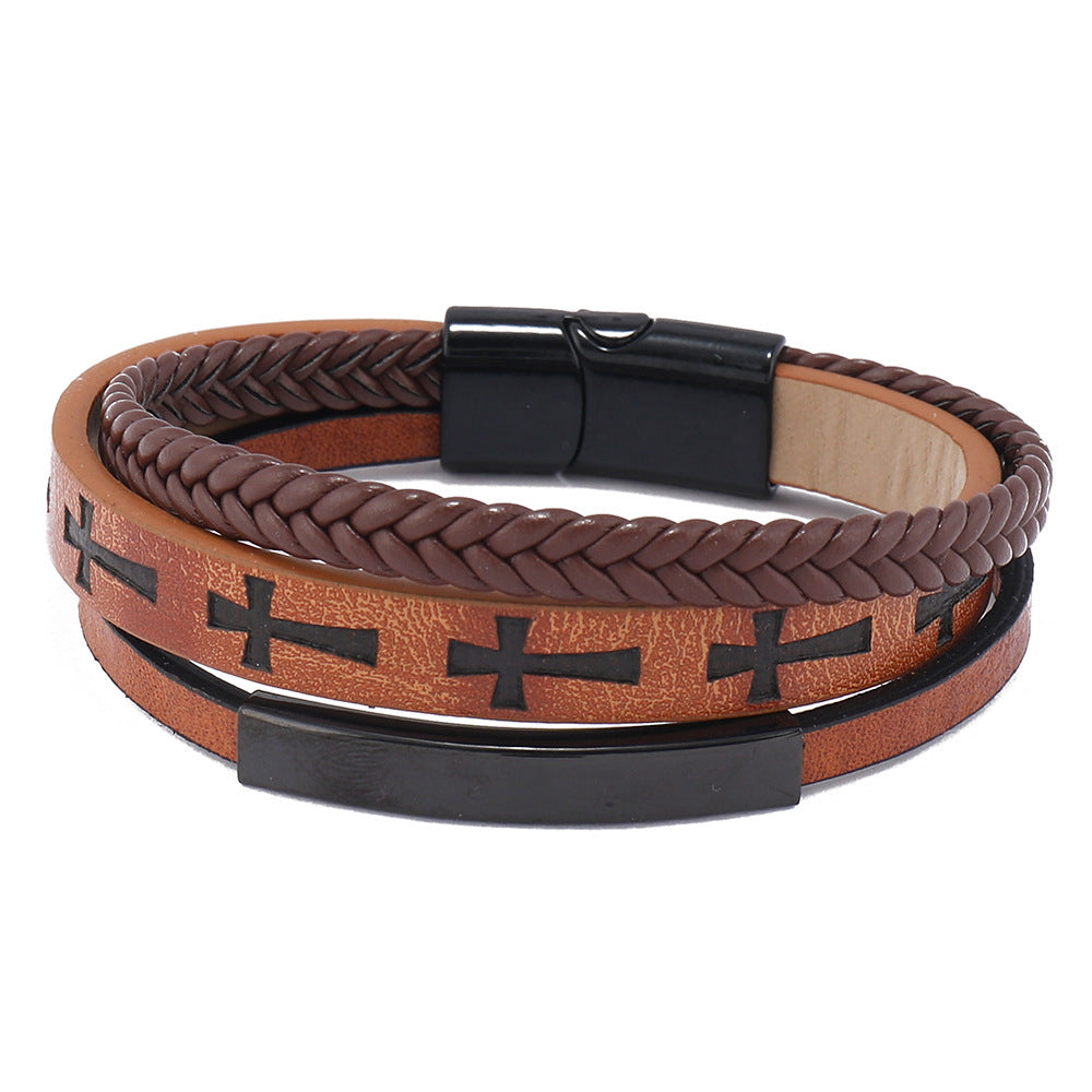 Men's Vintage Cross Leather Weaving Hand Rope Straight Bracelet