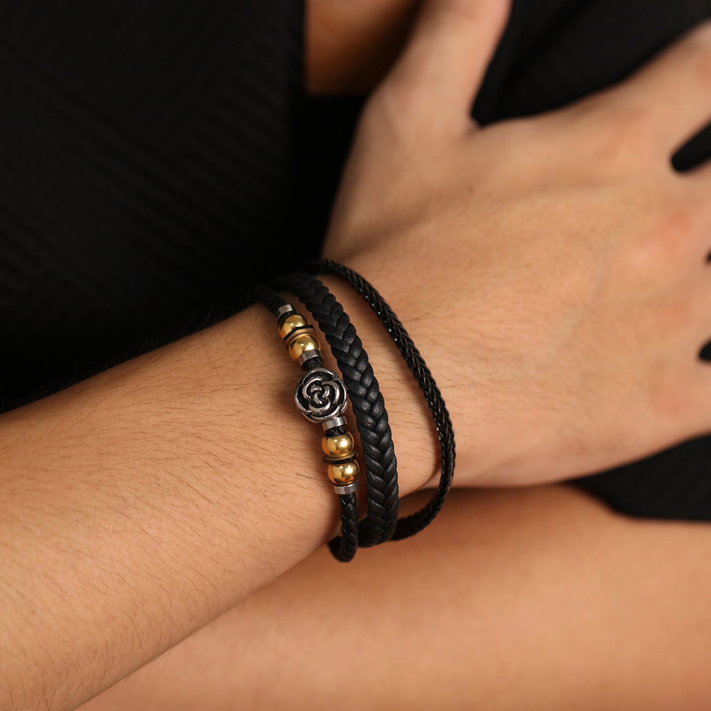 Men's Leather Stainless Steel Retro Punk Woven Bracelets
