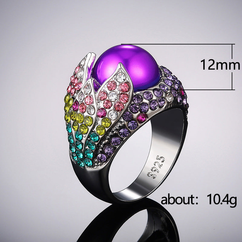 Women's Shi Retro Exaggerated Full Diamond Petal Rings