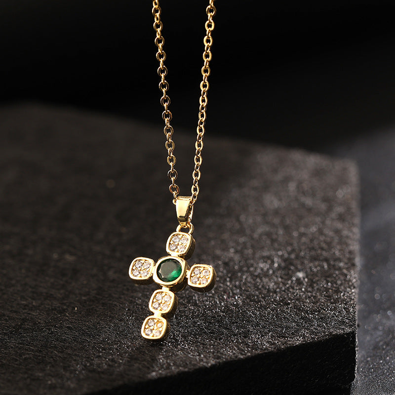 Color Zircon Cross Sweater Chain Advanced Necklaces