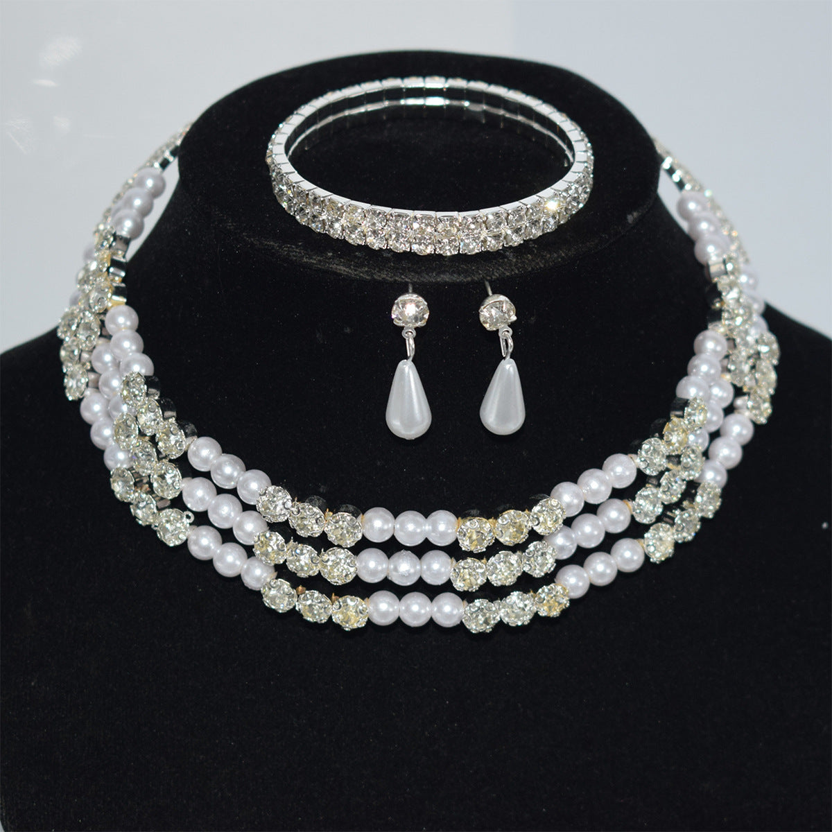 Pearl Diamond Collar Bridal Rhinestone Three-piece Jewelry Set