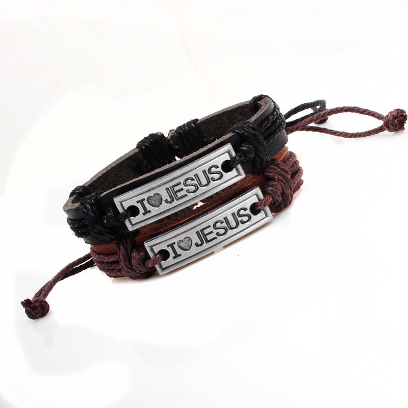 Men's Weave Genuine Leather Alloy English Letter Bracelets