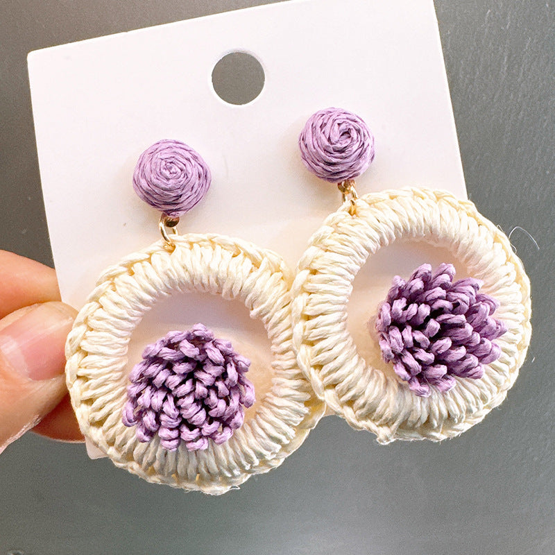 Style Seaside Vacation Exaggerated Wear Unique Straw Flower Round Design Earrings
