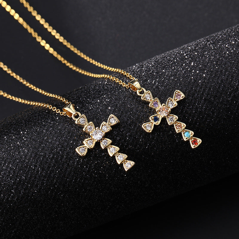 Color Zircon Cross Sweater Chain Advanced Necklaces