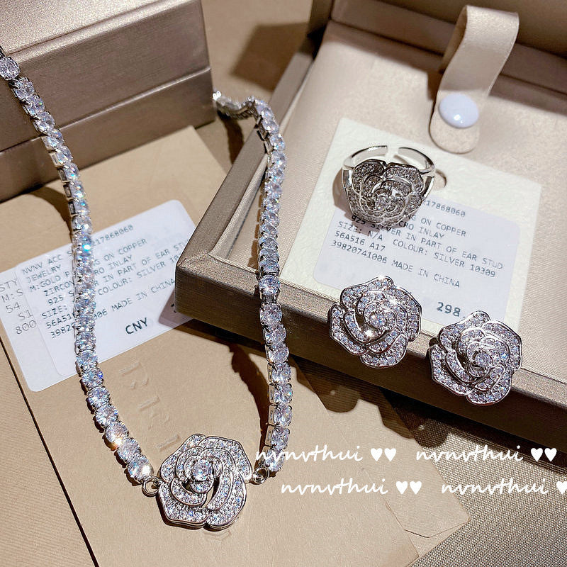 Flower Gem Gold-plated Zircon Full Diamond Clavicle Chain Earrings