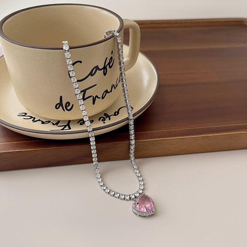 Women's Light Luxury Pink Heart Sweet Three-dimensional Loving Zircon Heart-shaped Rhinestone Necklace