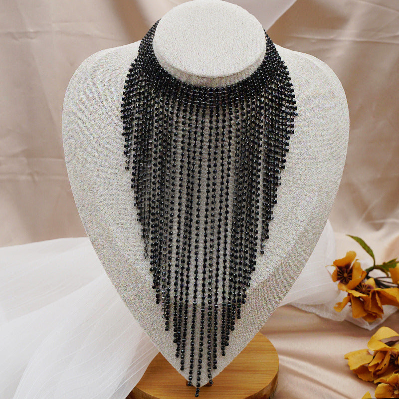 Women's Black Full Diamond Bundles Long Fringe Necklaces