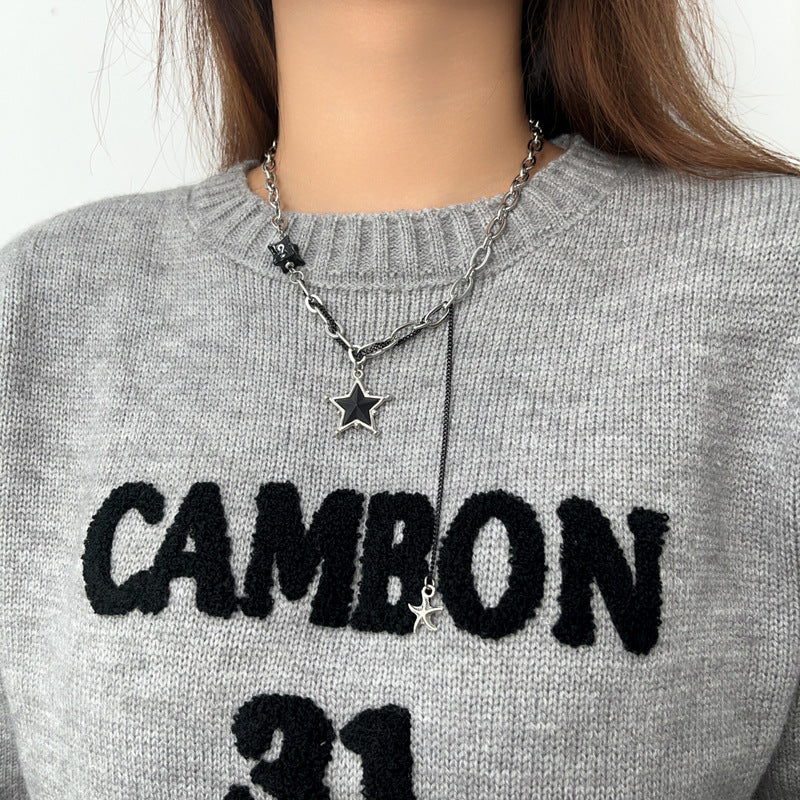 Women's & Men's Black Stitching Stars Clavicle Chain Hip Hop Design Necklaces