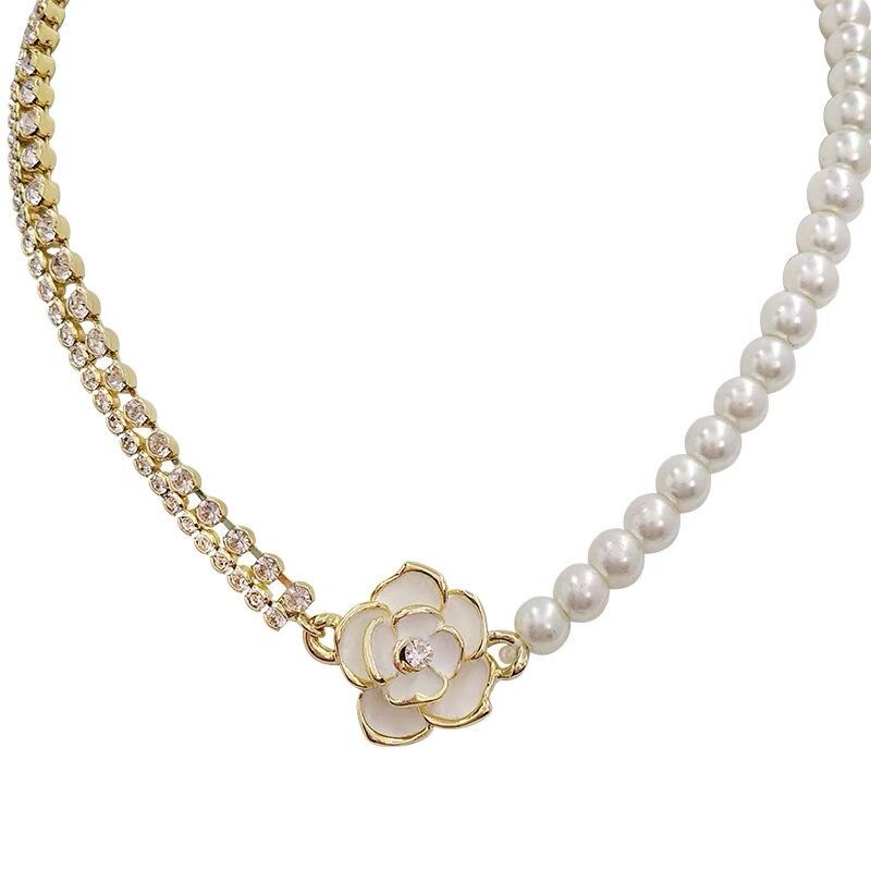 Retro Camellia Pearl Zircon Female Summer Light Necklaces