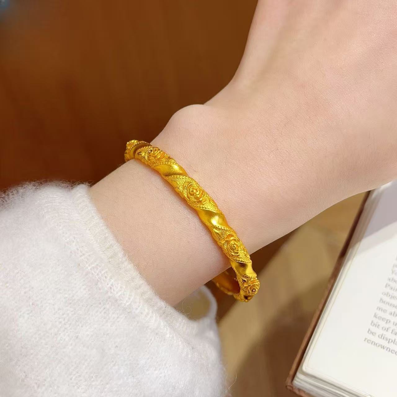 Gold Shop Alluvial Ancient Style Carved Rose Bracelets