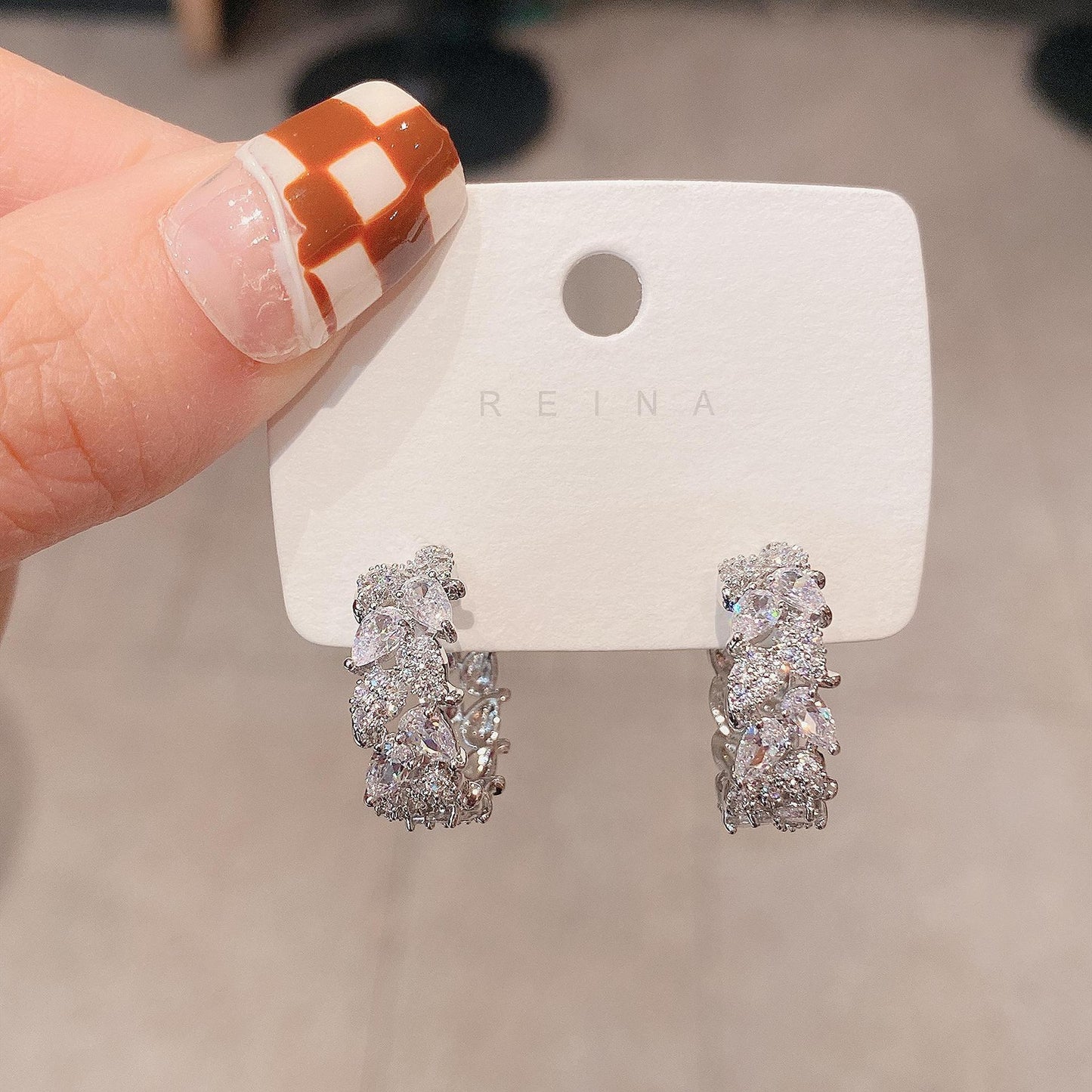 Flash Zircon White Gold Plated Shaped Niche Earrings