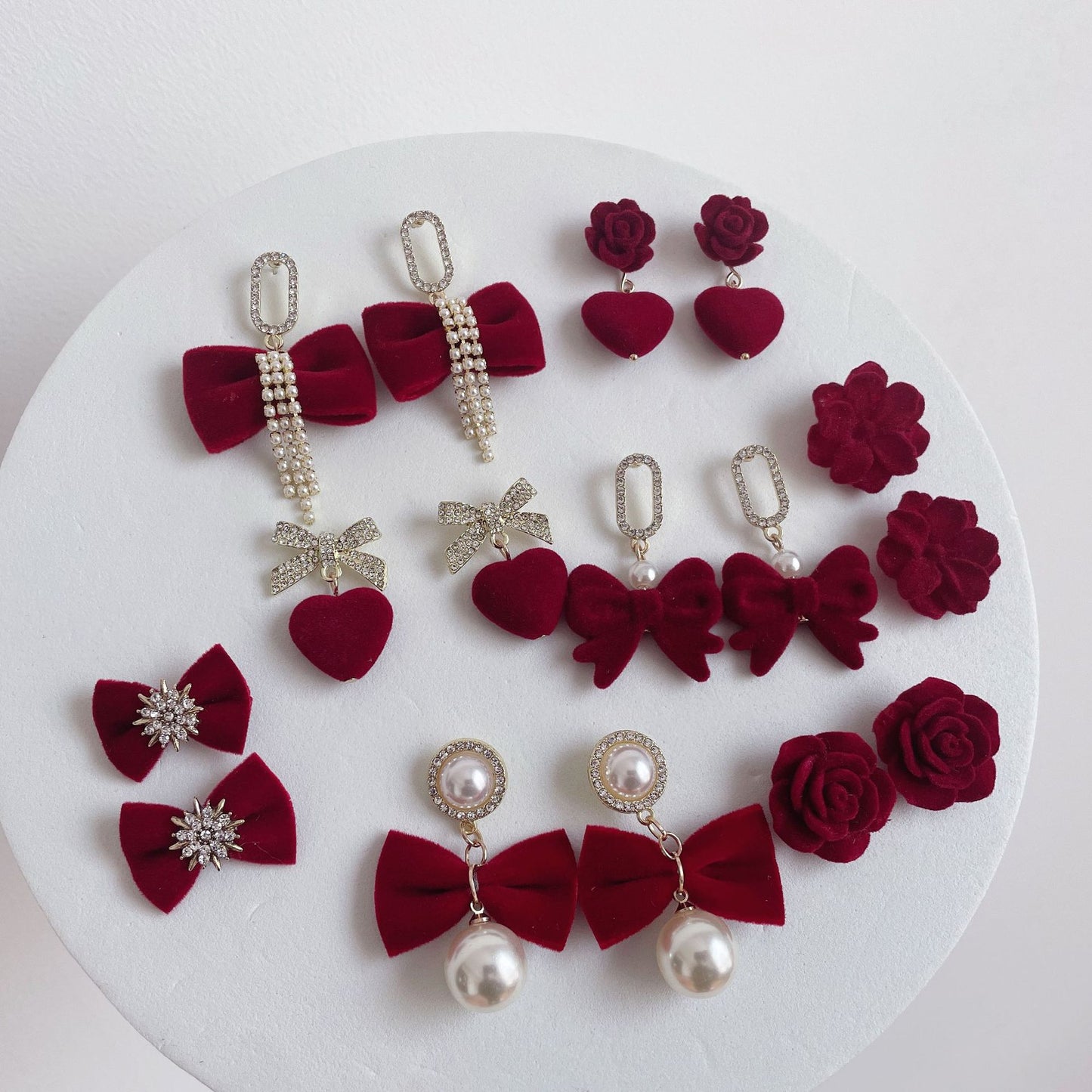 Sier Red Veet Bow Heart Pearl Rings