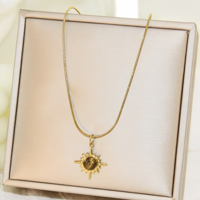 Women's Tigereye Round Titanium Steel Style Clavicle Chain Personalized Minority Design Pendants