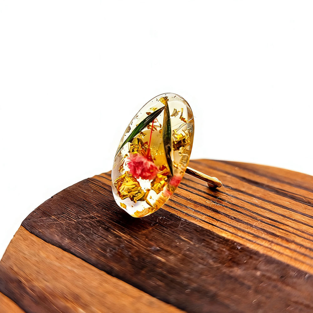 Dried Flowers Gypsophila Peach Heart Square Resin Stainless Steel Open Ring