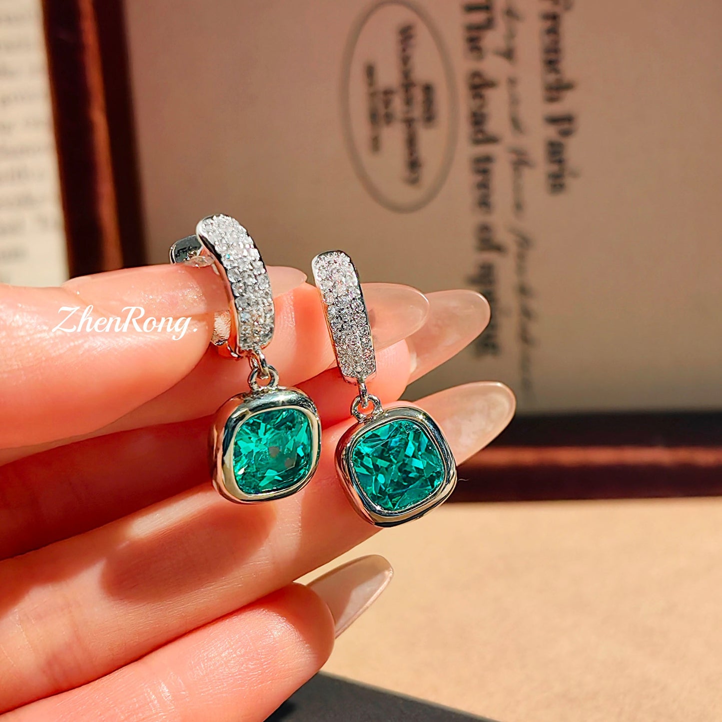 Women's Luxury French Small Square Sugar Cube Ear Aquamarine Plump Rose-red Jewelry Set