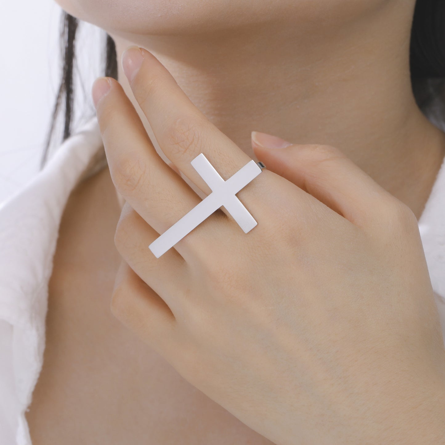 Women's & Men's Finger Cross Large Stainless Steel Open Rings