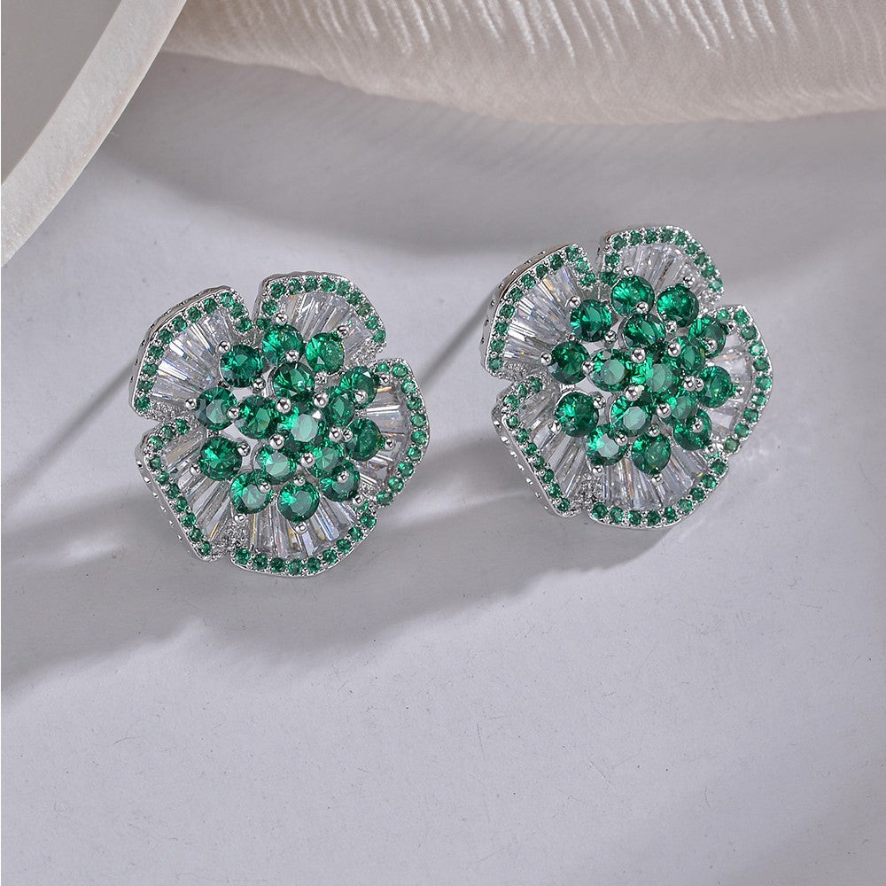 Green Inlaid Camellia Style Ear Niche Personality Design High-grade Stud Earrings
