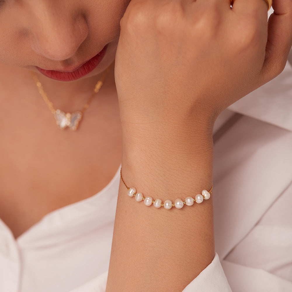 Bracelets en acier inoxydable avec perles d'eau douce naturelles pour femmes