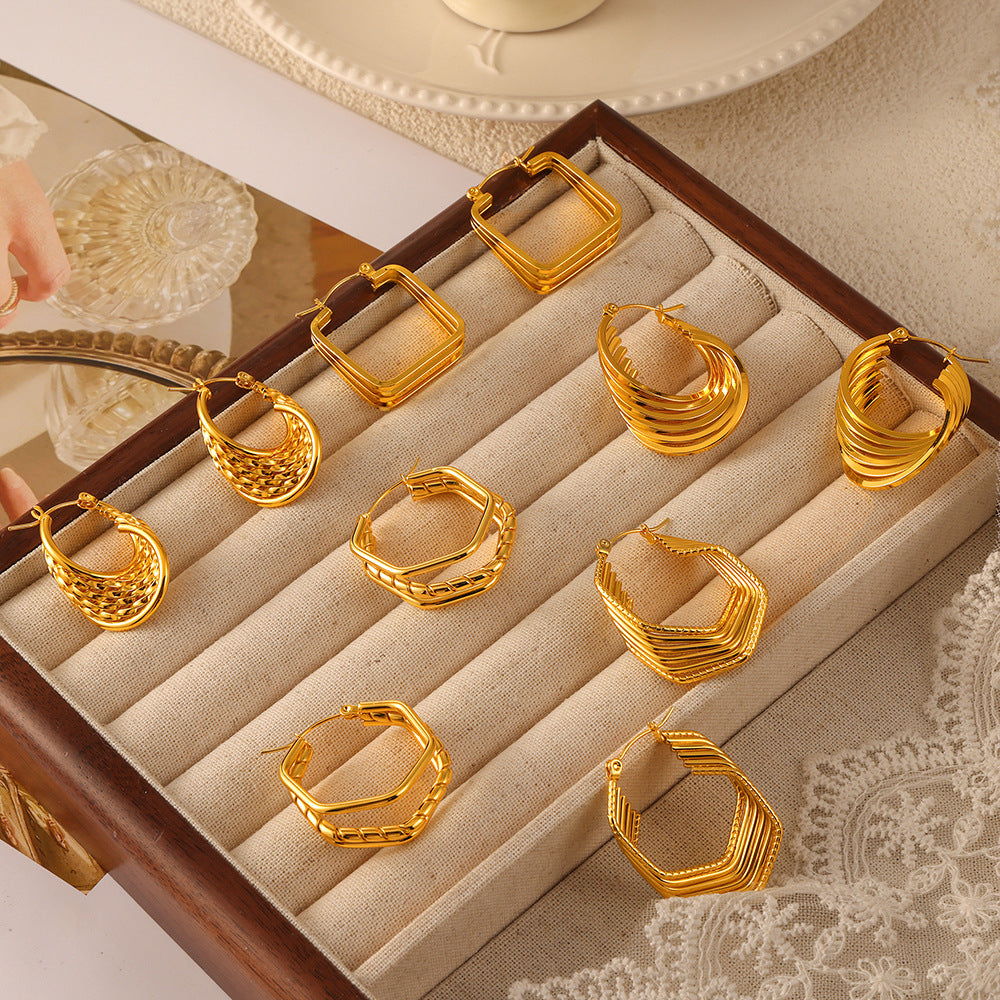 Retro Geometric Twin Style Stitching Design Titanium Rings