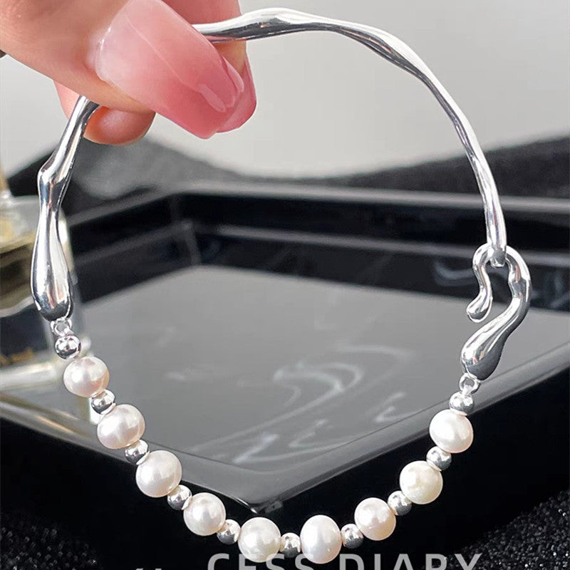 Women's Chain White Copper Sier Plated Natural Freshwater Pearl Bracelet