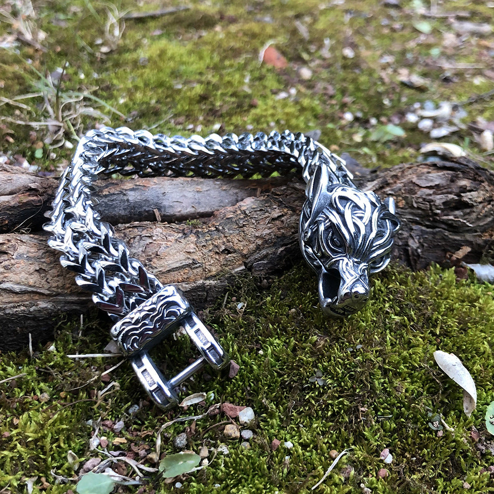 Men's Steel Viking Retro Thick Straps Stainless Wolf Bracelets