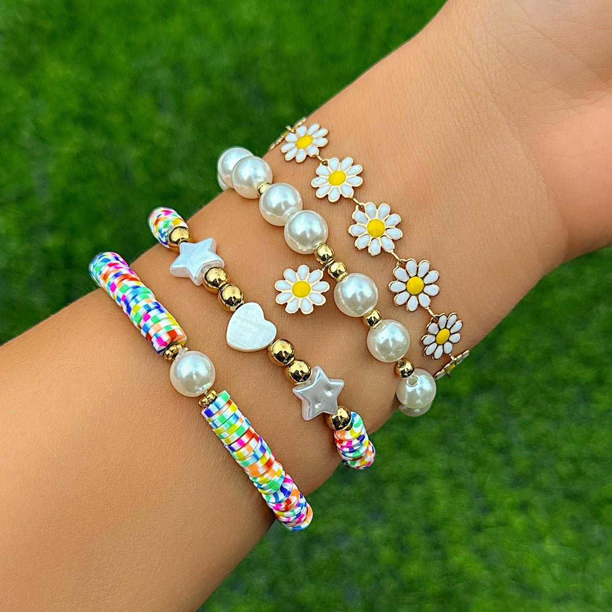 Metallic Pig Nose Button Round Beads Chain Creative Little Daisy Bracelet