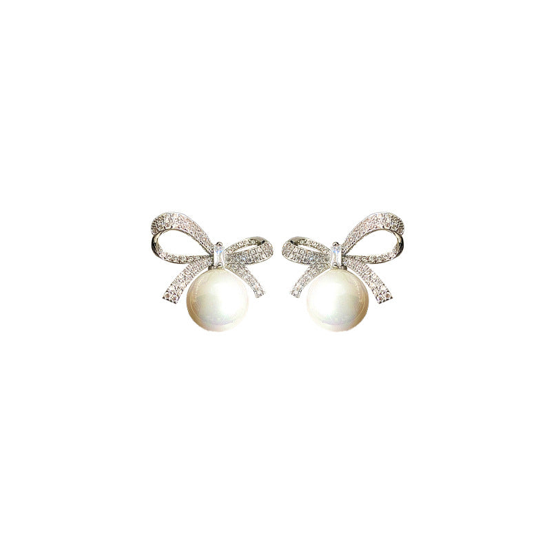 Sier Needle Graceful Bow Pearl Female Earrings