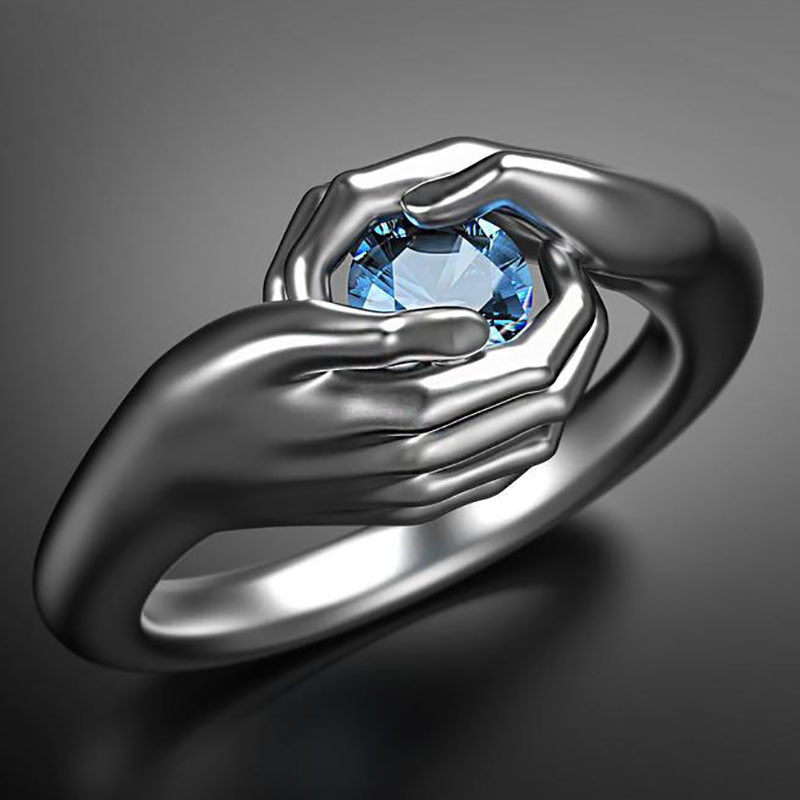 European Fashion Hands Hugging Sapphire Inlaid Ring